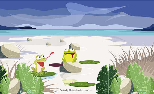 池塘边的小青蛙卡通素材动物图片