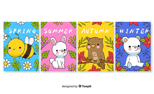 可爱四季动物卡片矢量素材