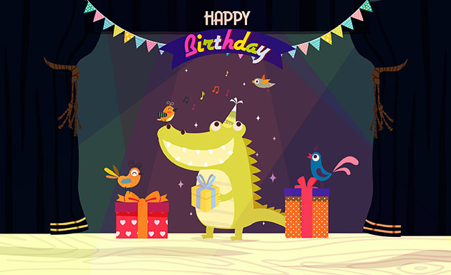 庆祝生日的可爱小鳄鱼矢量素材