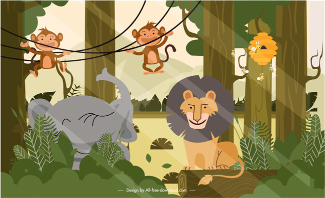 在森林里集会的卡通动物狮子猴子大象图片