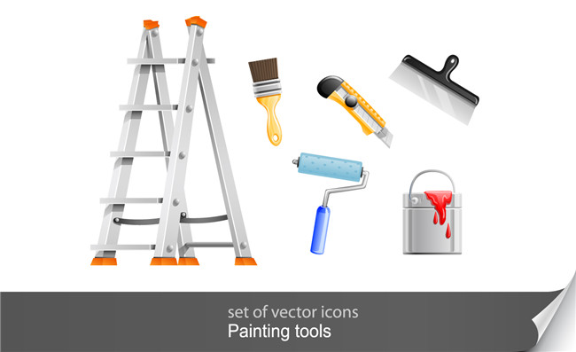 粉刷工具立体折叠梯子和刮刀元素