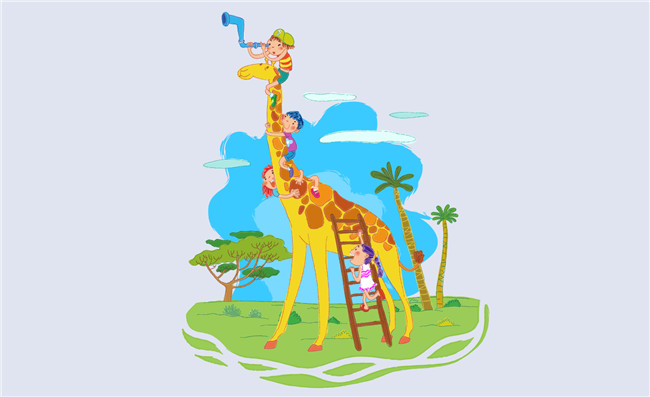 爬上长颈鹿的卡通儿童漫画素材