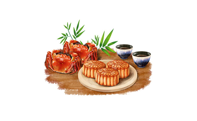 中国传统节日中秋吃螃蟹和月饼背景