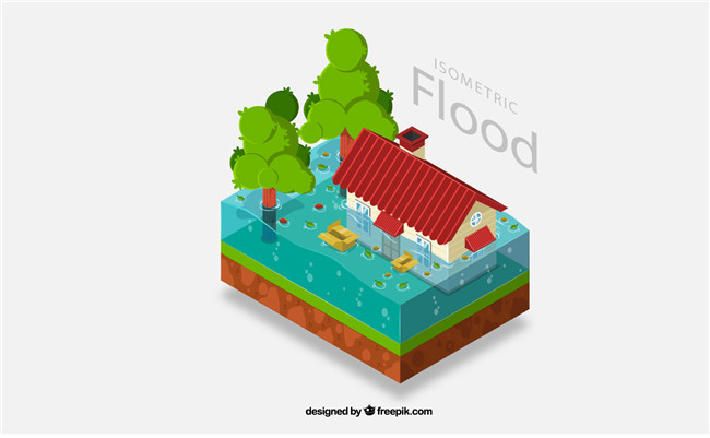 立体洪灾中的房屋矢量素材