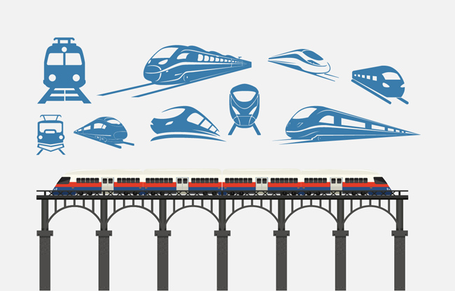 高铁车辆剪影和高架桥上的火车元素