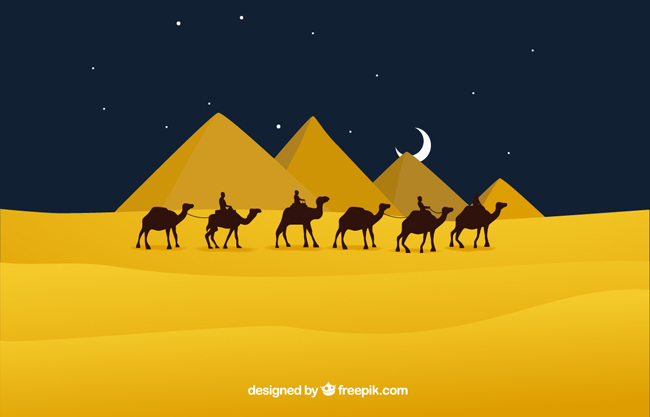 沙漠里的骆驼队伍元素