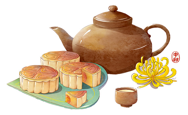 手绘创意茶壶元素中秋月饼美食背景设计