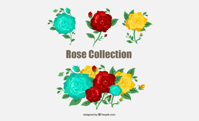 彩绘彩色玫瑰花和花束矢量素材