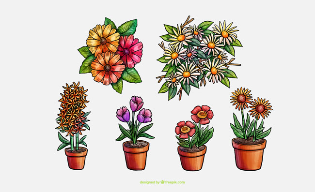 卡通手绘春季花卉盆栽植物扁平化矢量素材