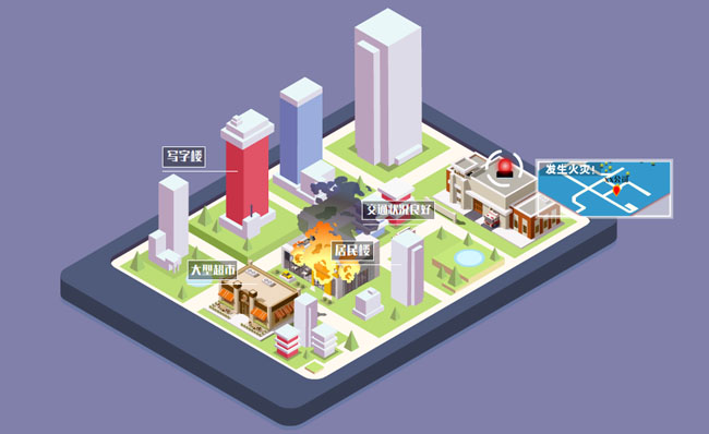 大数据城市小区发生火灾现场情况模拟图动画