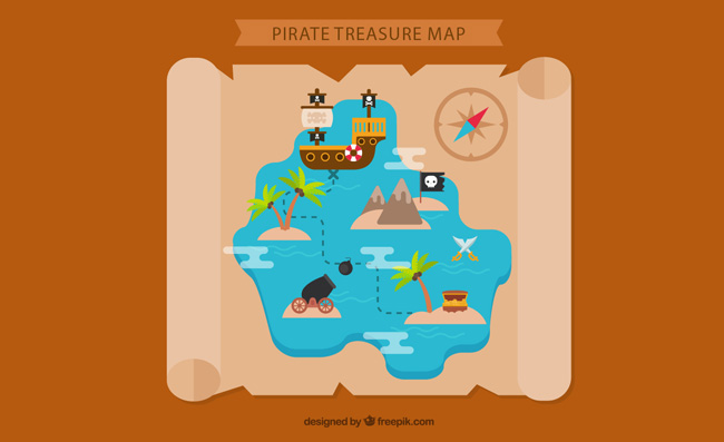羊皮纸海盗宝藏地图插画素材