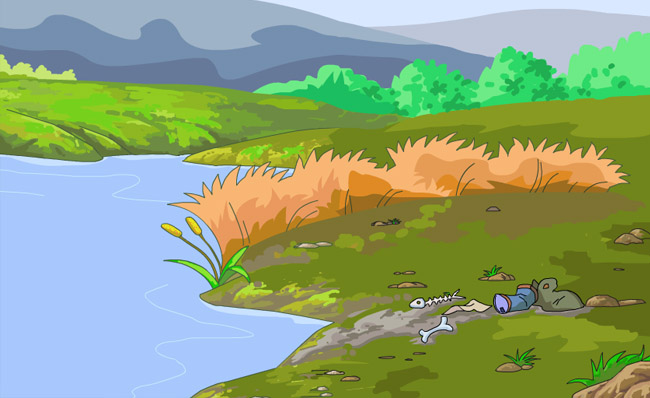 深山里面河流旁草地动漫插画背景设计
