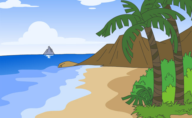 海滩海岸边的椰子树动漫插画背景设计