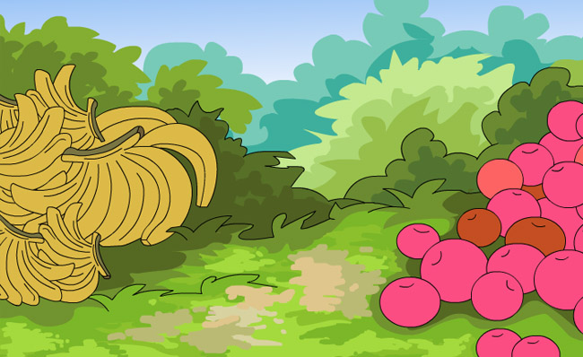 果园果树遍地堆积的果子卡通背景设计