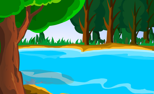 野外小河流旁的树木手绘卡通背景设计