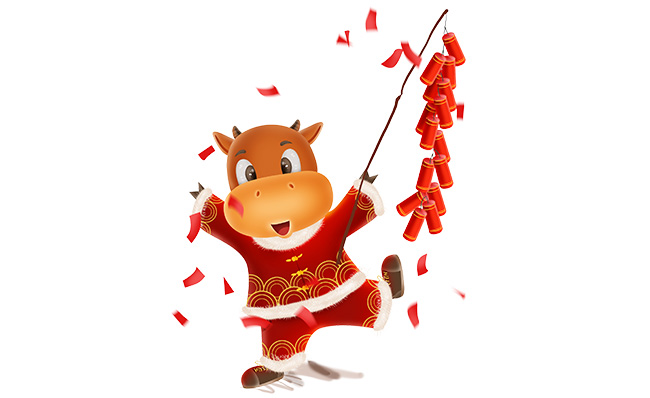 春节放烟花爆竹的卡通动漫牛形象素材