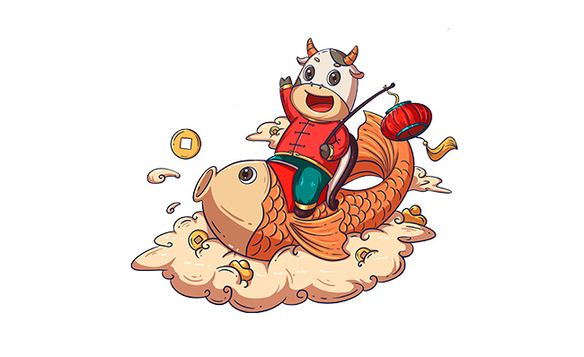 骑鲤鱼的卡通动漫牛形象设计素材