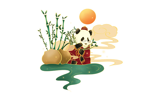 国宝熊猫插画水墨国潮风背景素材