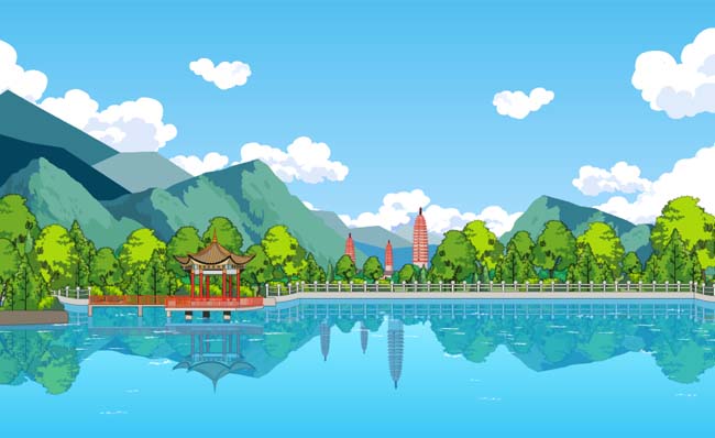 城市有湖有古塔的城市公园动漫手绘场景