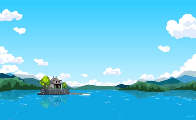 湖中央的古建筑青山绿水卡通背景