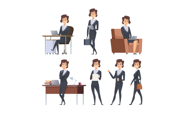 办公室工作女性人员动作姿势不同矢量卡通图片