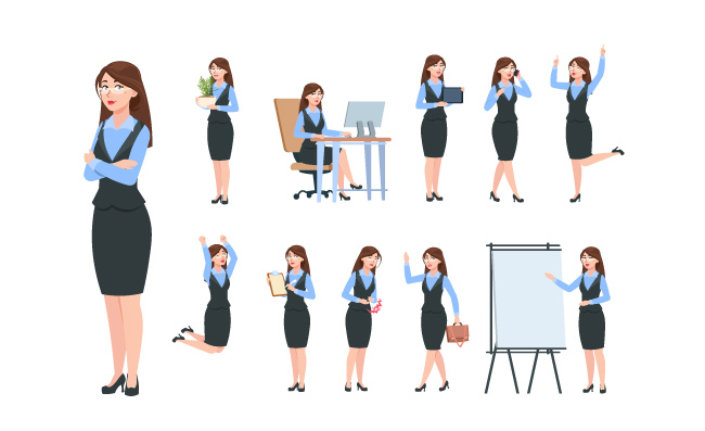 办公室职业女性不同活动姿势卡通经理矢量办公女商人职业女性素材