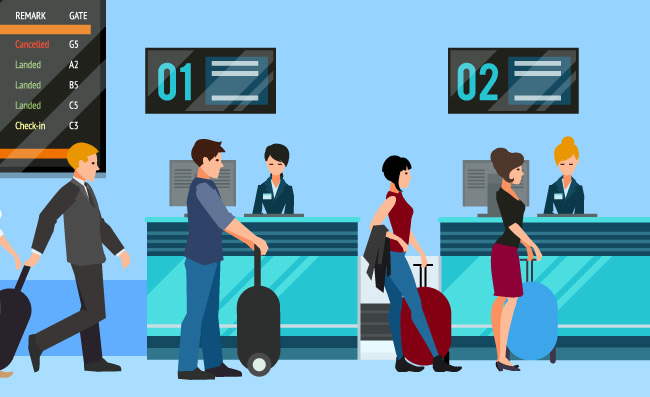 办理登机手续的机场乘客矢量游客矢量图片
