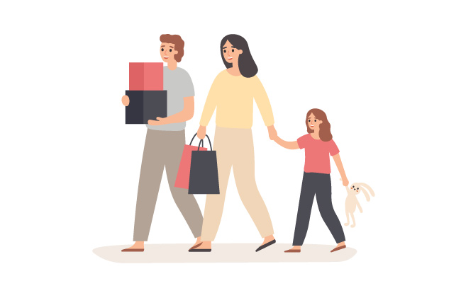 抱着商品的一家人年轻的夫妇和孩子们家庭购物购买商品矢量人物插图