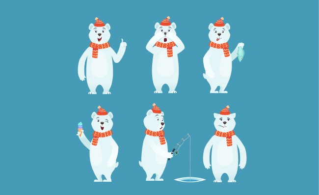 北极野生动物卡通白熊不同姿势矢量插图素材