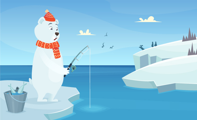 冰山卡通白熊人物矢量抓鱼钓鱼插图