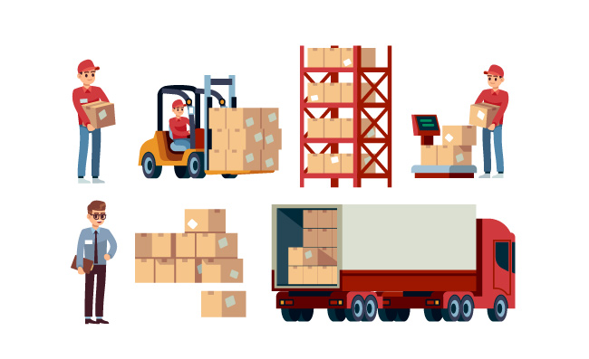 仓库物流运输叉车货运卡车与箱子素材矢量