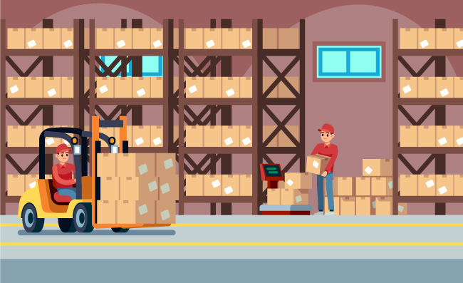 仓库内部工作运输叉车后勤工作人员纸箱称重货架物流场景人物素材