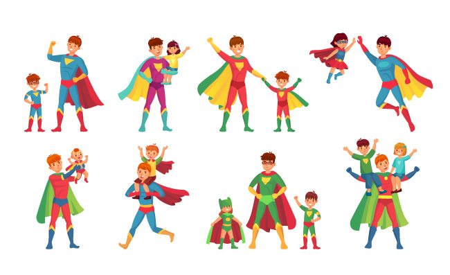 超级英雄父亲与孩子英雄爸爸儿子女儿超人服装矢量图