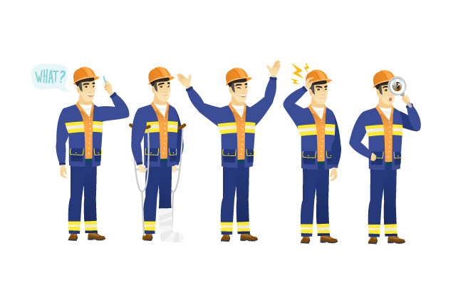 穿着蓝色工作服带安全帽的工程施工人员年轻的工程师人物素材矢量