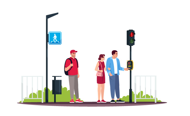 道路安全人行横道等待交通指示灯红绿灯的漫画人物矢量图