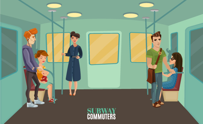 地铁通勤乘客卡通人物地铁内部矢量图