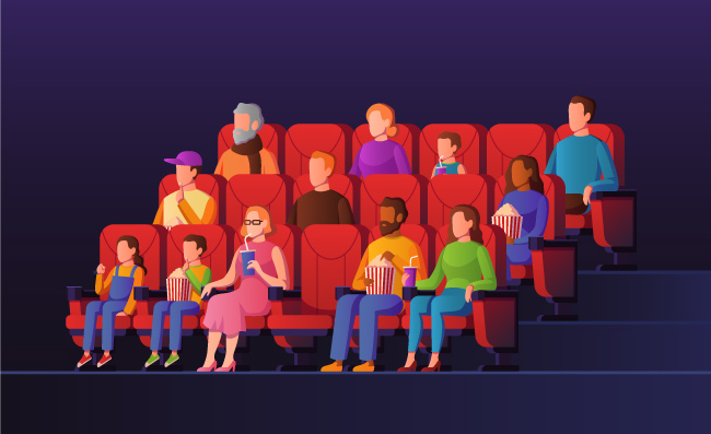 电影院里的孩子成人在观看电影爆米花红色椅子矢量观看人群人物素材