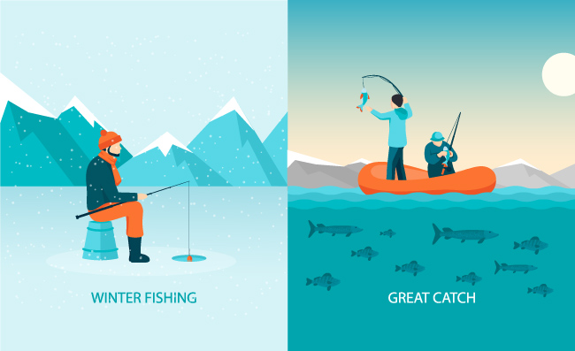 钓鱼概念平面冬季捕鱼矢量图