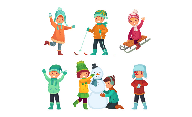 冬季假期玩耍的卡通孩子们拉雪橇堆雪人打雪仗儿童人物矢量素材