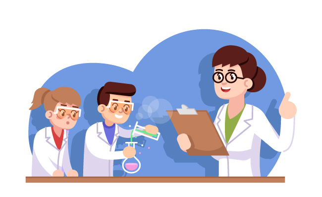 儿童矢量化学俱乐部高级化学研究科学兴趣班女孩和男孩老师进行实验卡通人物