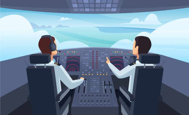 飞机驾驶舱飞行员飞机机长操作台卡通插图