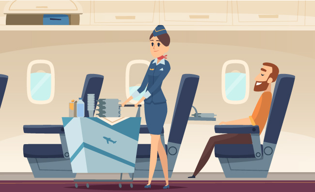 飞机矢量机舱内景空姐在飞机上工作及乘客人物插画