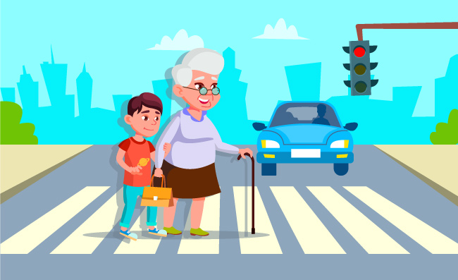 扶着老奶奶过马路的男孩漫画人物男孩帮助祖母过马路矢量人物场景素材