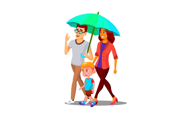 父母插图在雨中拿着伞的人物插图