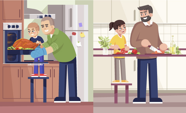 父子父女在厨房烹饪美食的的父亲和孩子儿童矢量插图