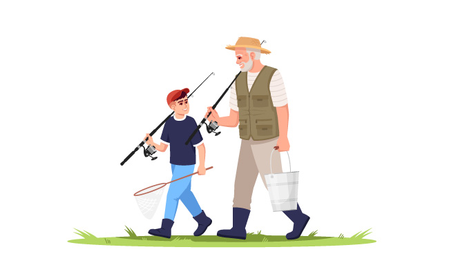 父子外出钓鱼矢量夏季活动祖父孙子钓鱼漫画人物