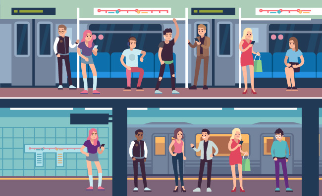 公共交通地铁站地铁乘客矢量人物场景素材