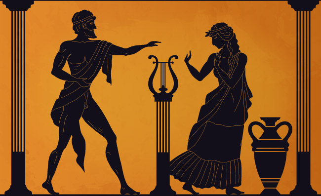 古希腊场景神话人物剪影妇女和男人轮廓矢量图案