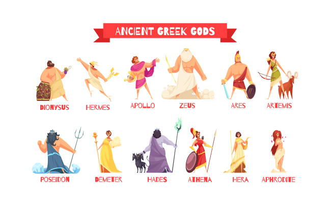 古希腊众神卡通可爱传奇人物矢量男性和女性素材