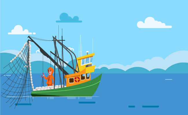 海上收网的渔船渔夫素材